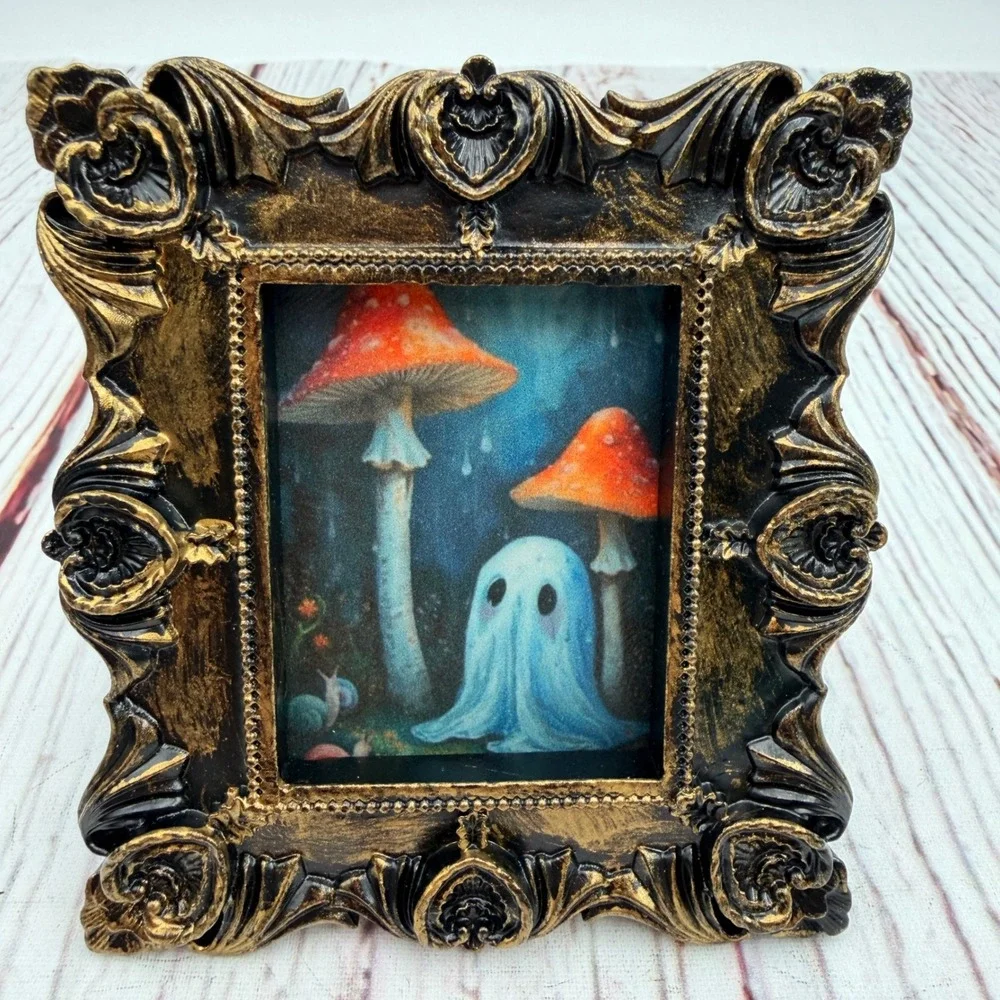 Miniature Ghost Mushroom Art Ornate Gold Black Resin Frame Decoupage Print